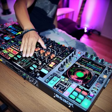 Erfahrener Event-DJ bei der Arbeit, Publikum feiert.