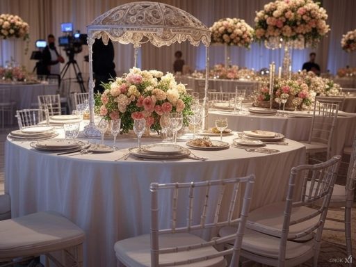 Die Tischdekoration strahlt mit zarten Blumenarrangements in Pastelltönen eine romantische Atmosphäre aus. 
