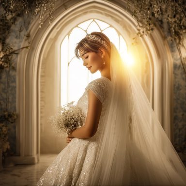  Eine Braut in einem weißen Hochzeitskleid mit vollem Zug steht vor einer steinernen Bogenarchitektur, mit festlicher Frisur, Rückenansicht.